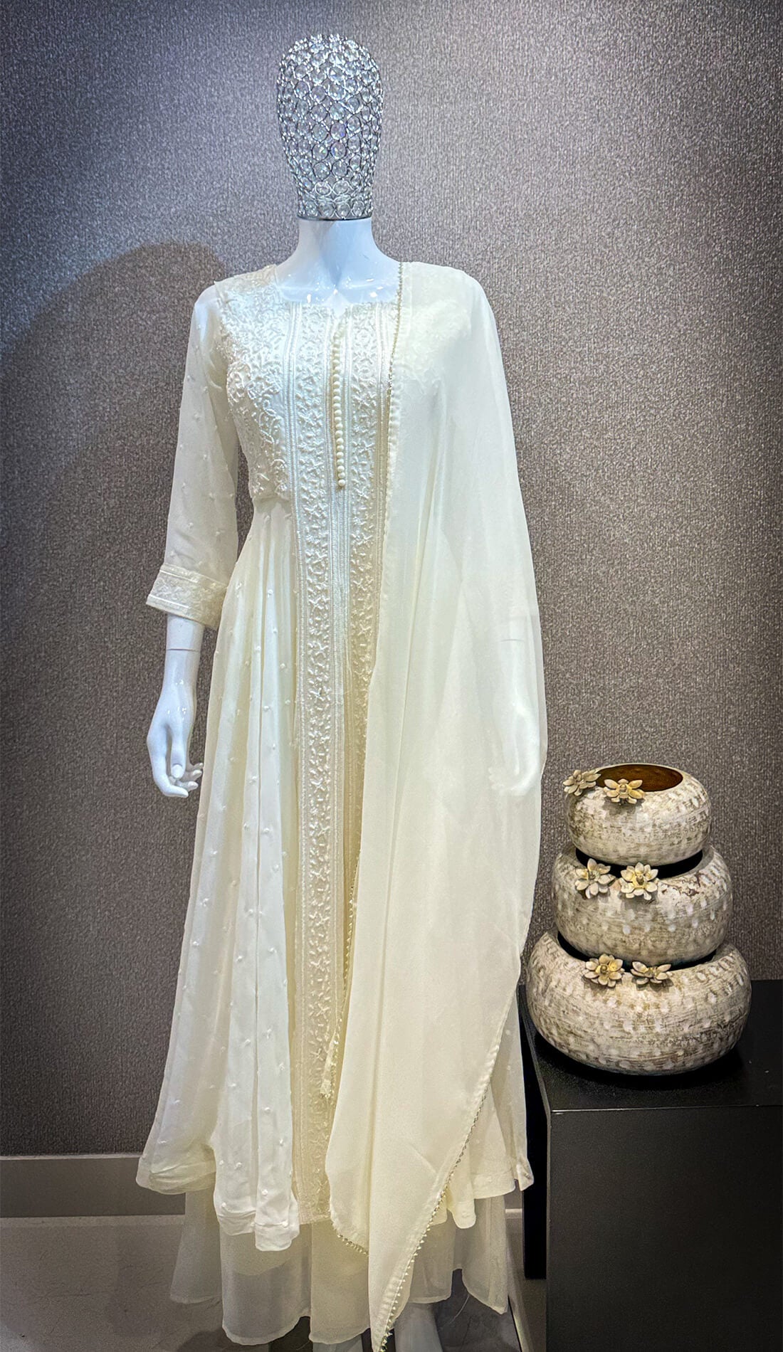 Embellished Work Anarkali 3-peice - Half White