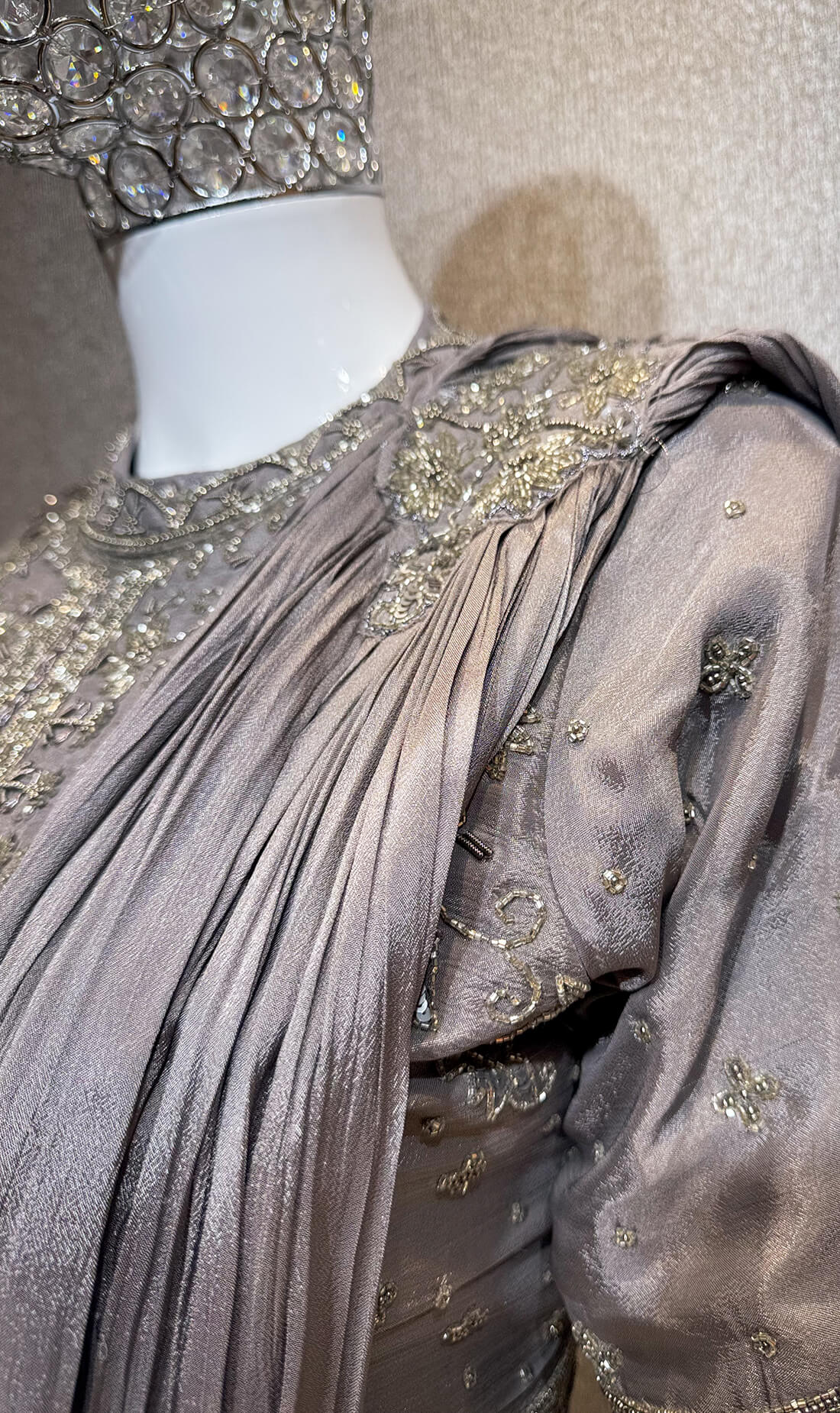 Embellished Top with Draped Skirt - Gray