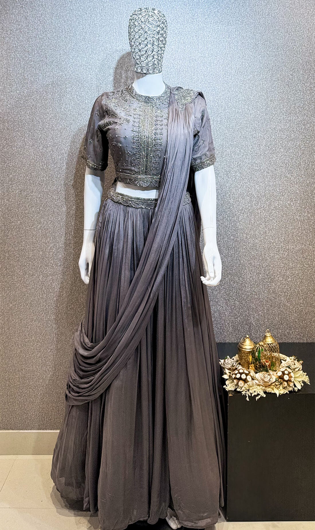 Embellished Top with Draped Skirt - Gray