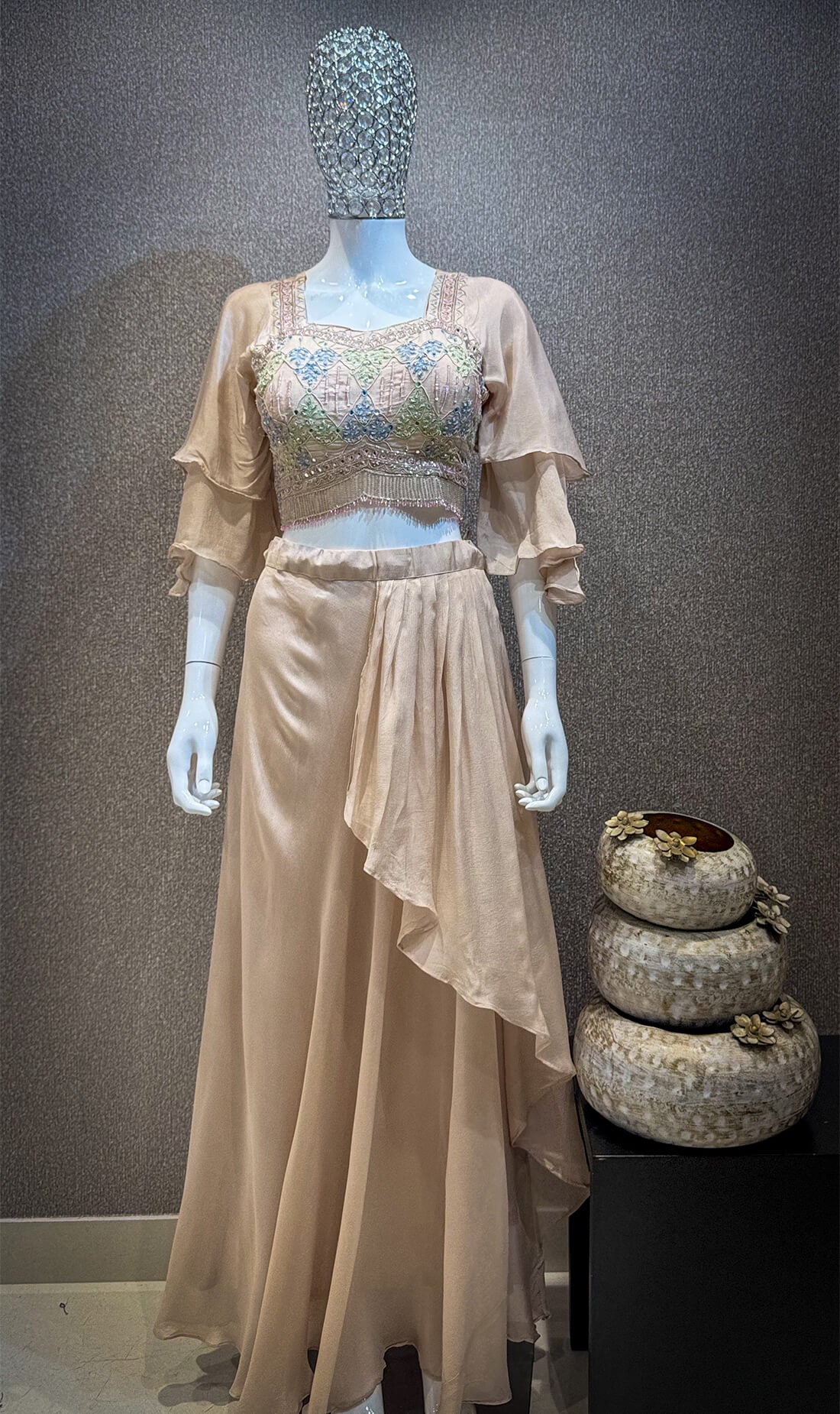 Embellished Top with Draped Skirt - Light Orange