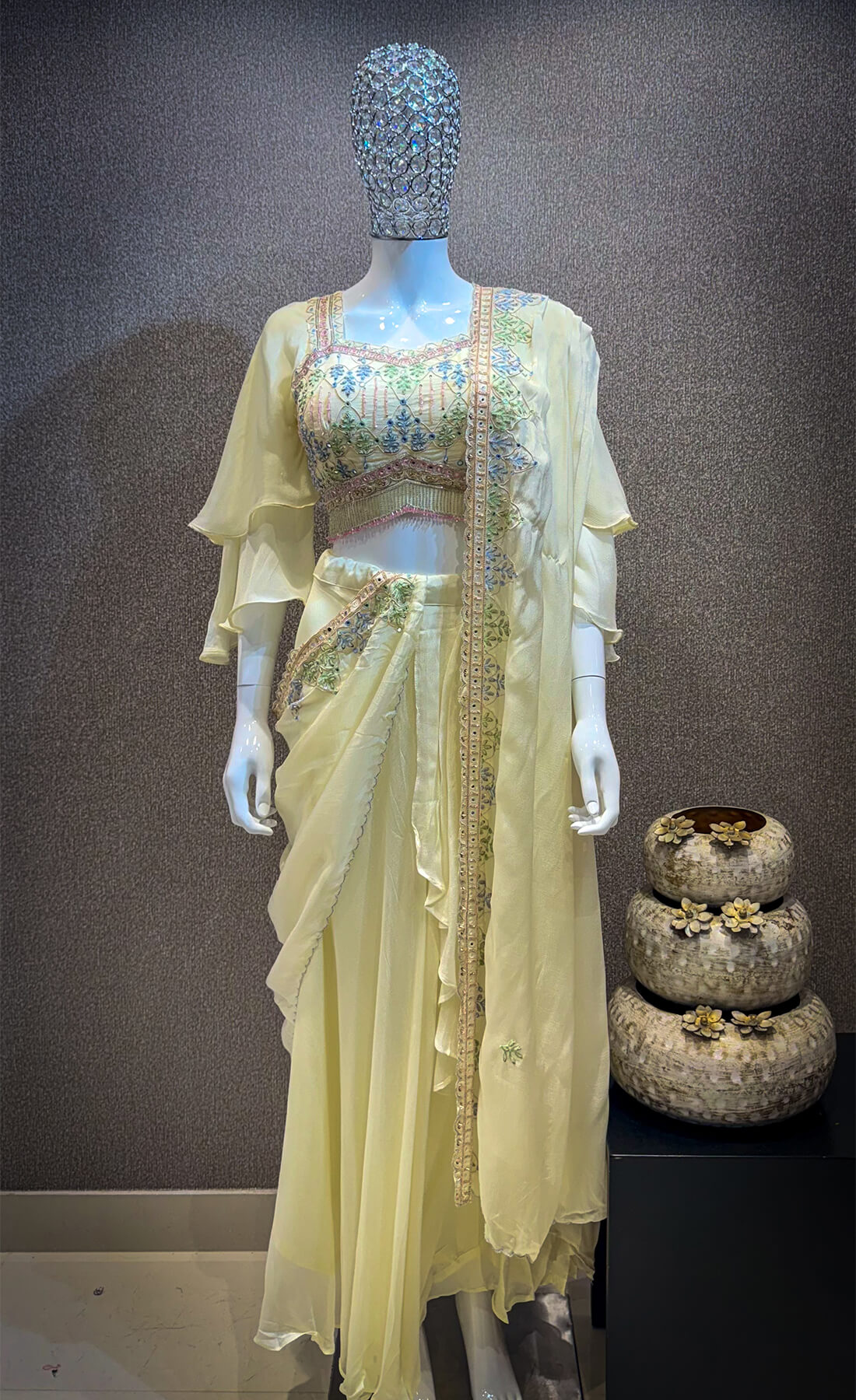 Embellished Top with Draped Skirt - Light Yellow