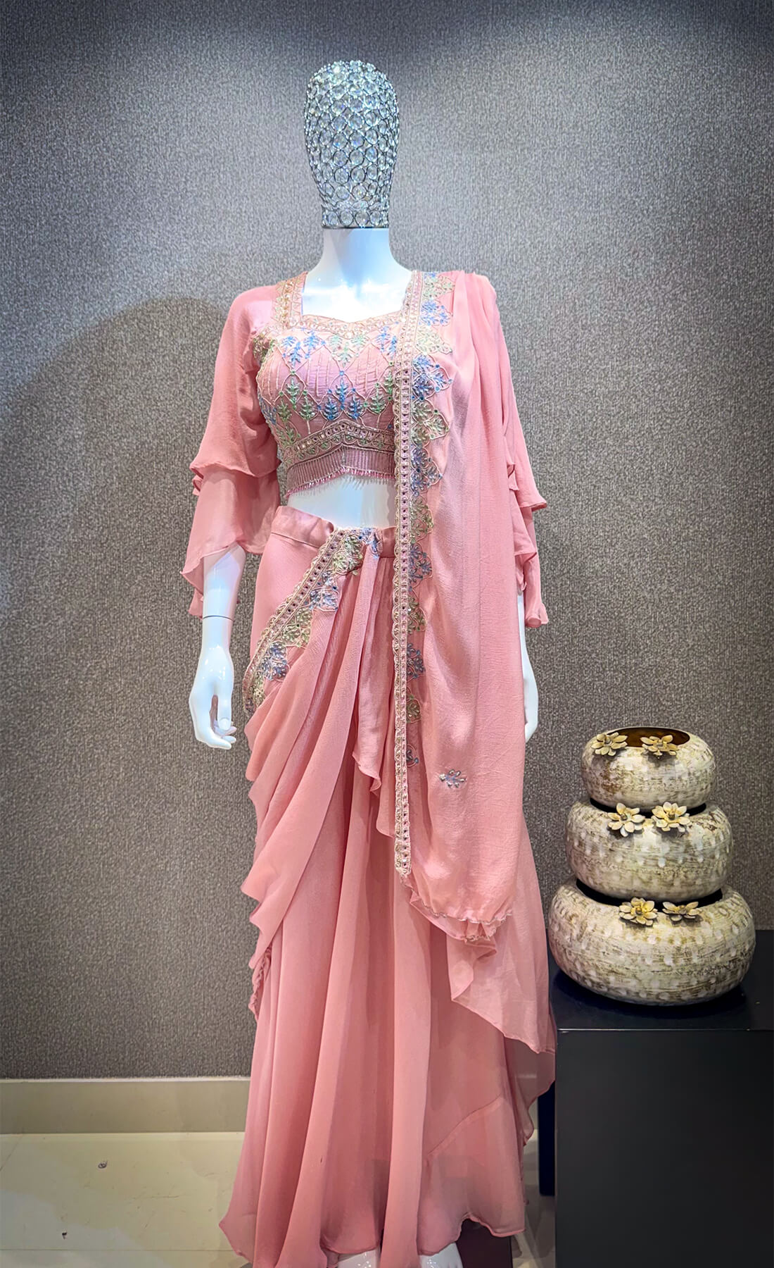 Embellished Top with Draped Skirt - Peachy Pink