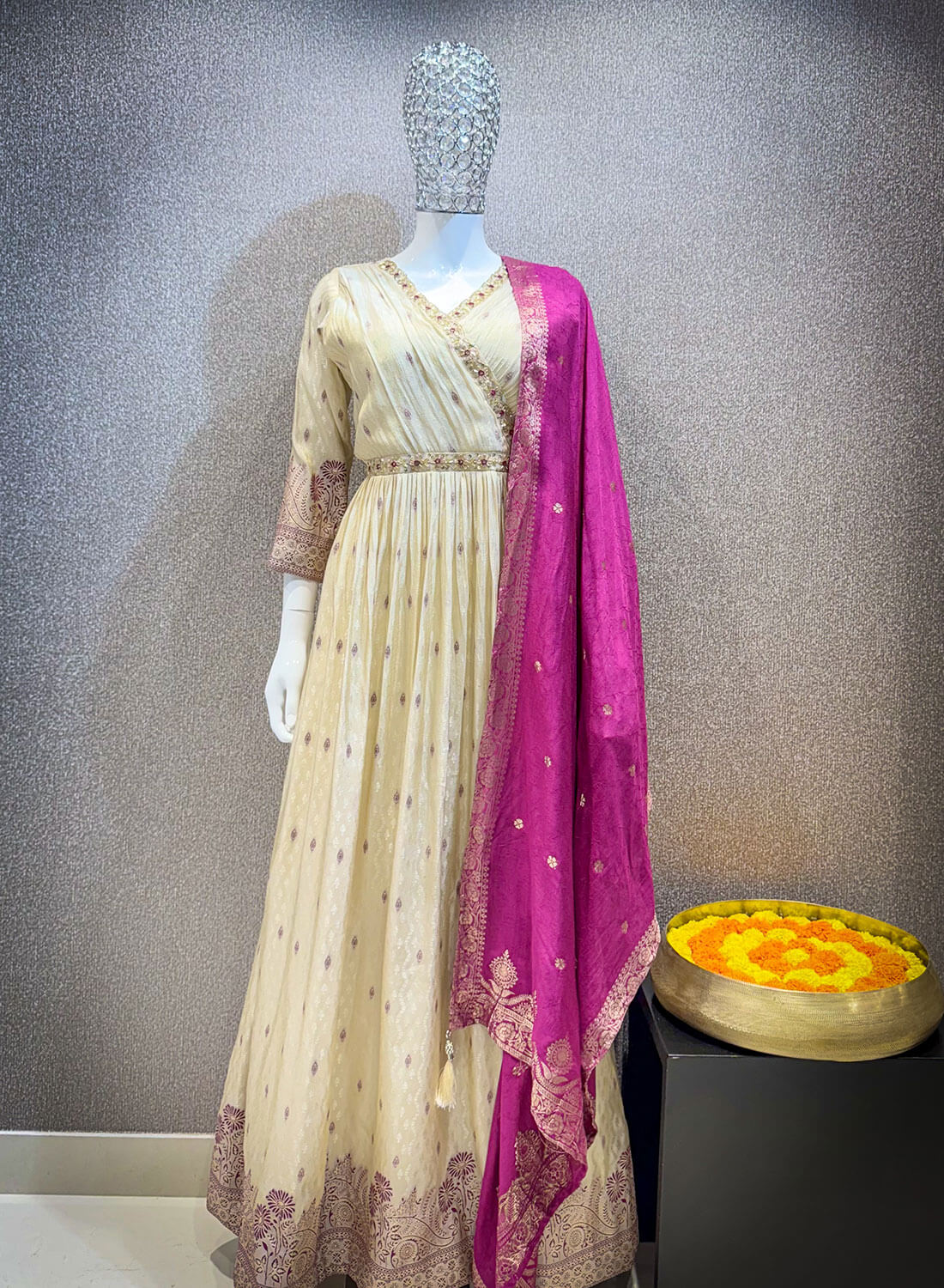 Embroidery Work 3 piece - Half White with Magenta