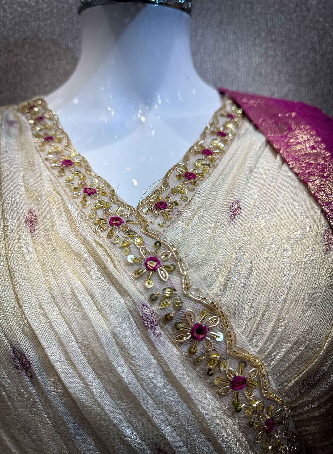 Embroidery Work 3 piece - Half White with Magenta