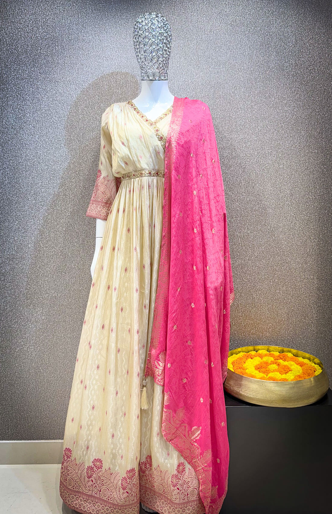 Embroidery Work 3 piece - Half White with Pink