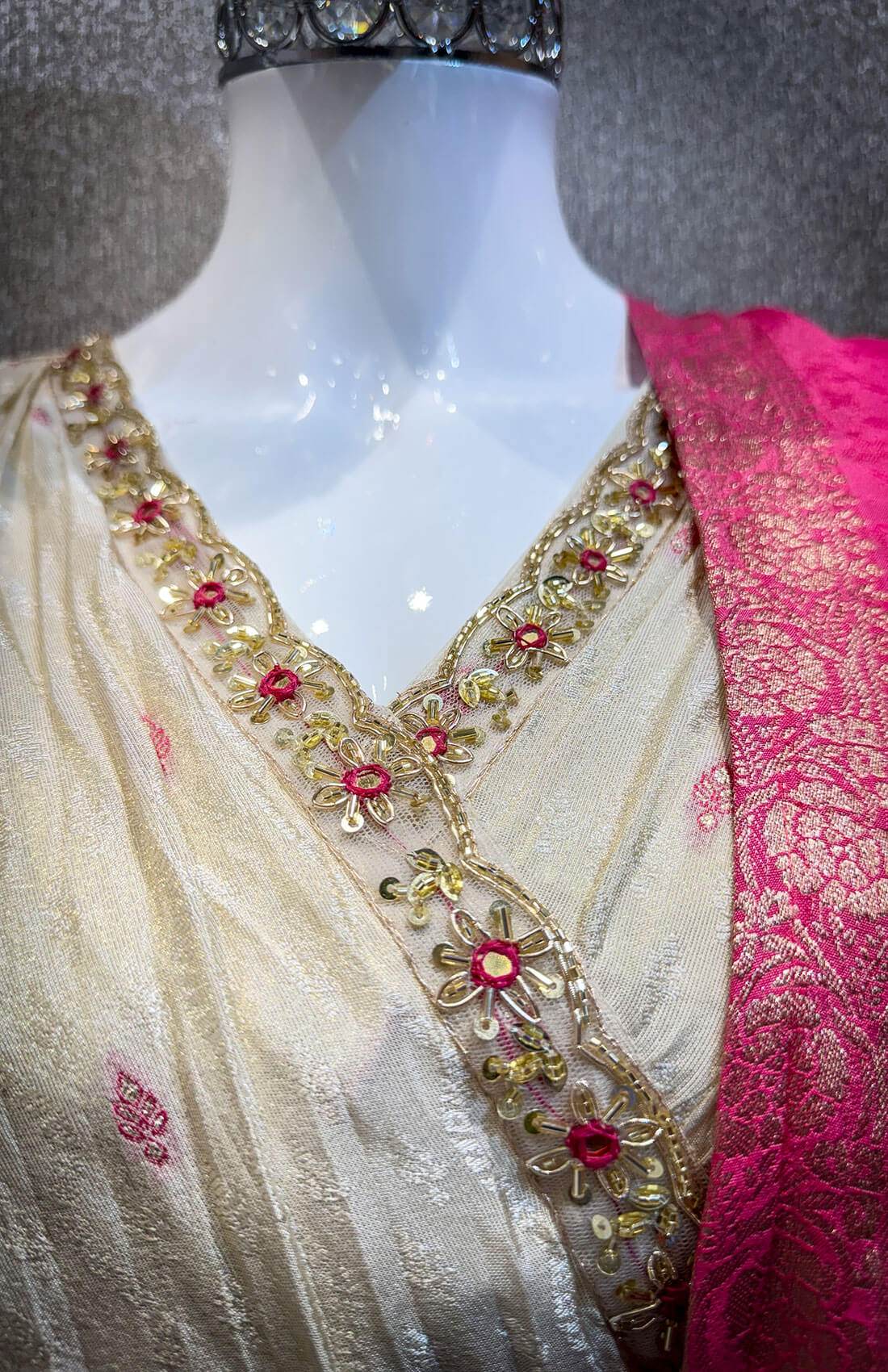 Embroidery Work 3 piece - Half White with Pink