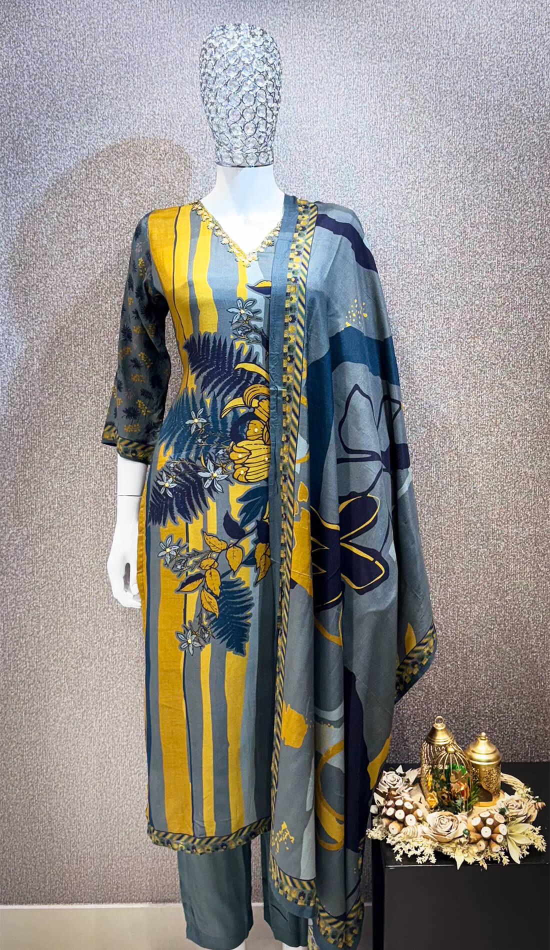 Embellished Work Printed  3piece - Cyan Blue