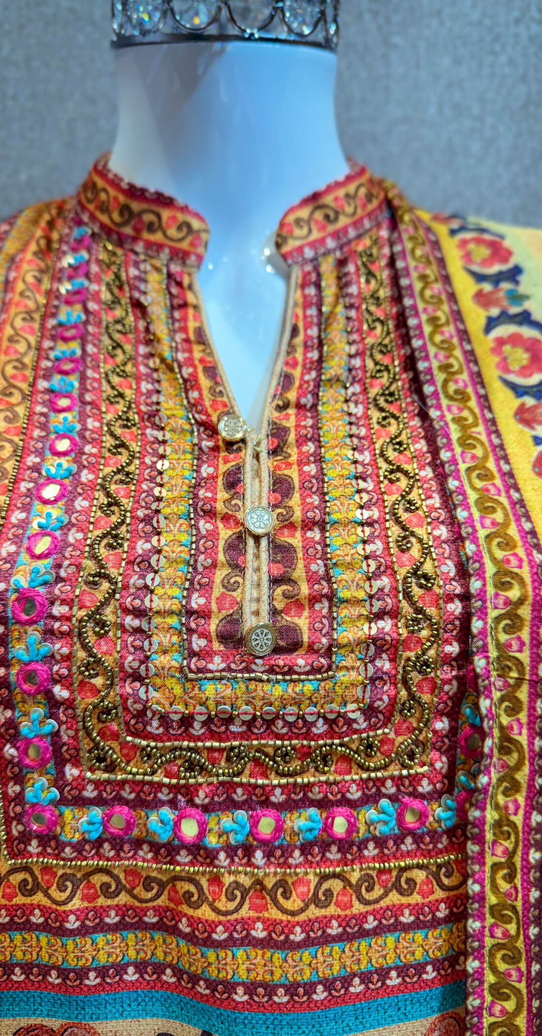 Embellished Work Printed  3piece - Yellow with Red