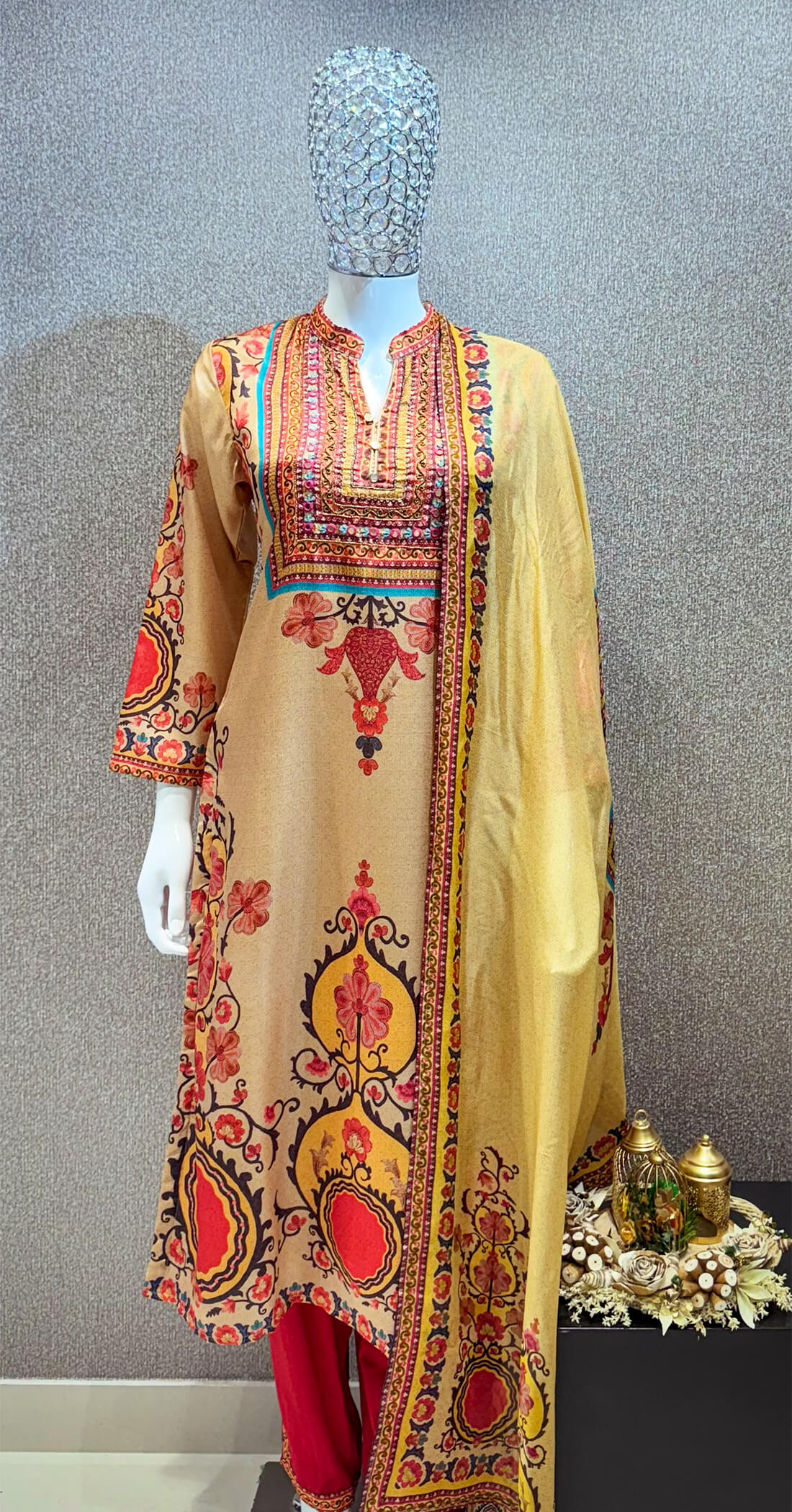 Embellished Work Printed  3piece - Yellow with Red