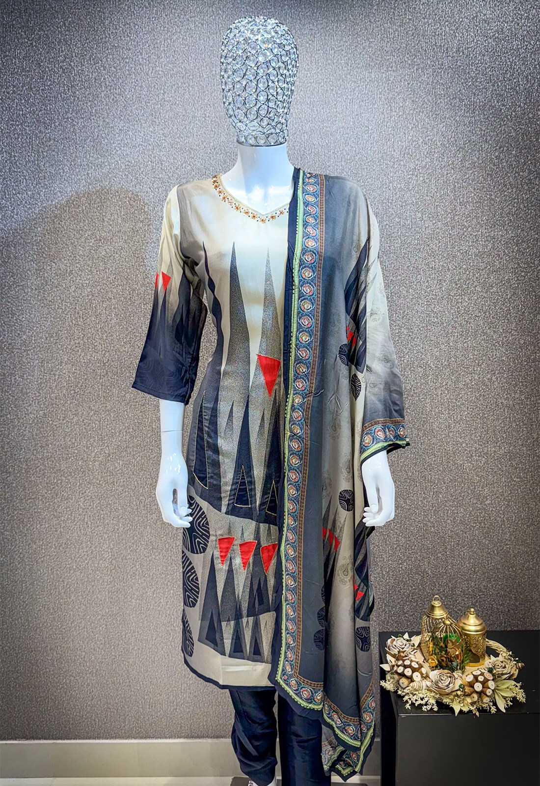 Embellished Work Printed  3piece - Dark Blue