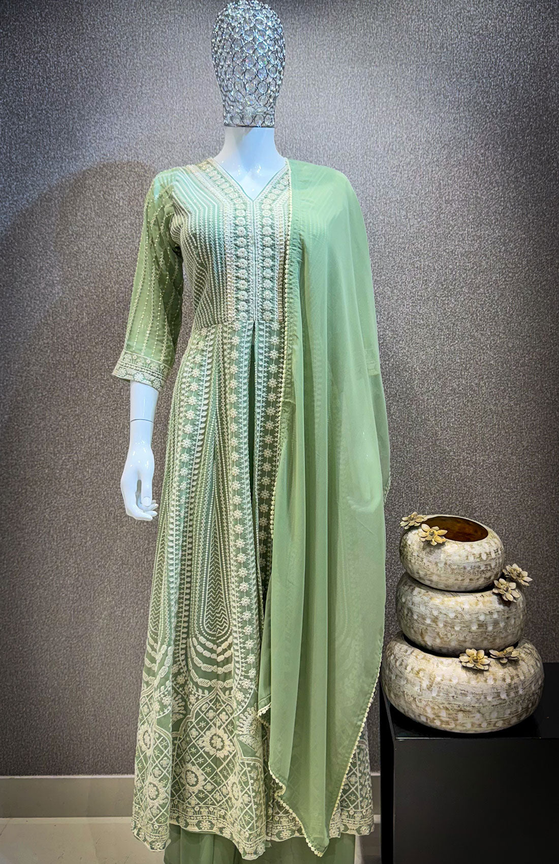 Embroidery Work Anarkali 3-peice - Olivine