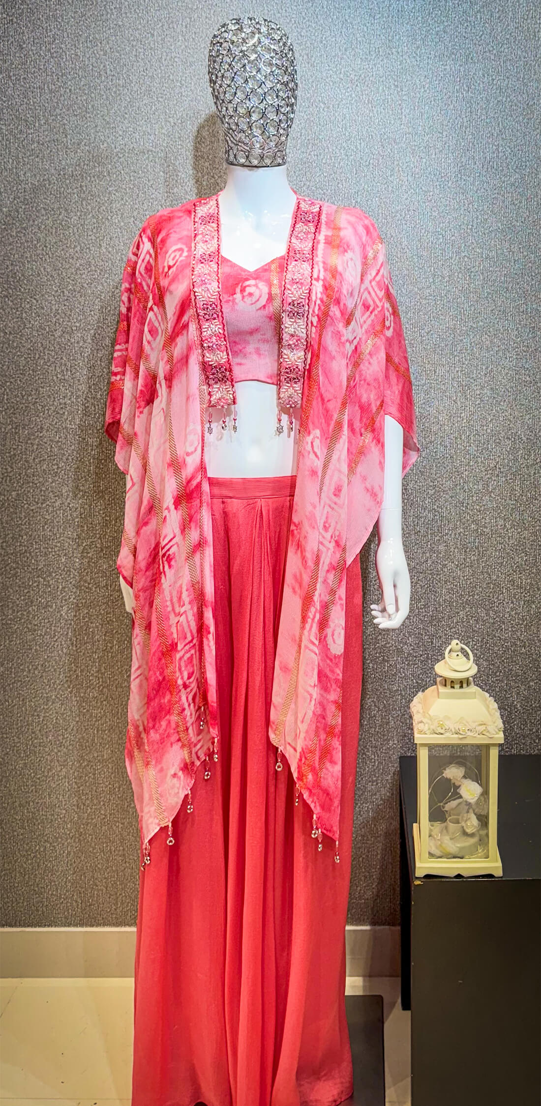 Embroidery Work Poncho Style 3-peice - Pinkish Red