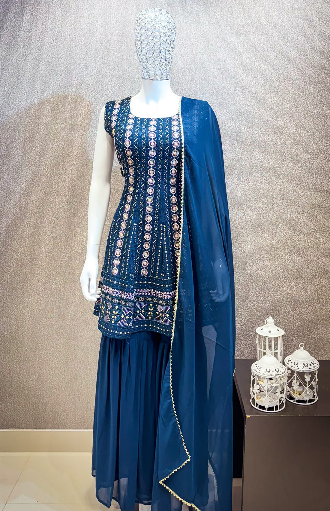 Gold Embroidery Work 3-peice - Midnight Blue