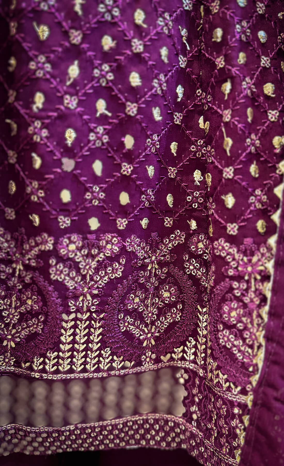 Gold Pitta Embroidery Work 3-peice - Wine Berry