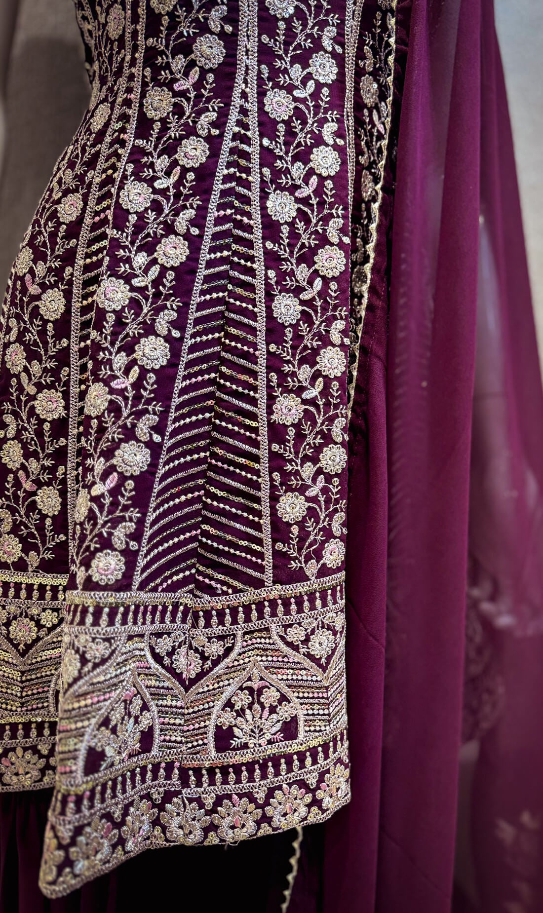 Gold Pitta Embroidery Work 3-peice - Wine Berry