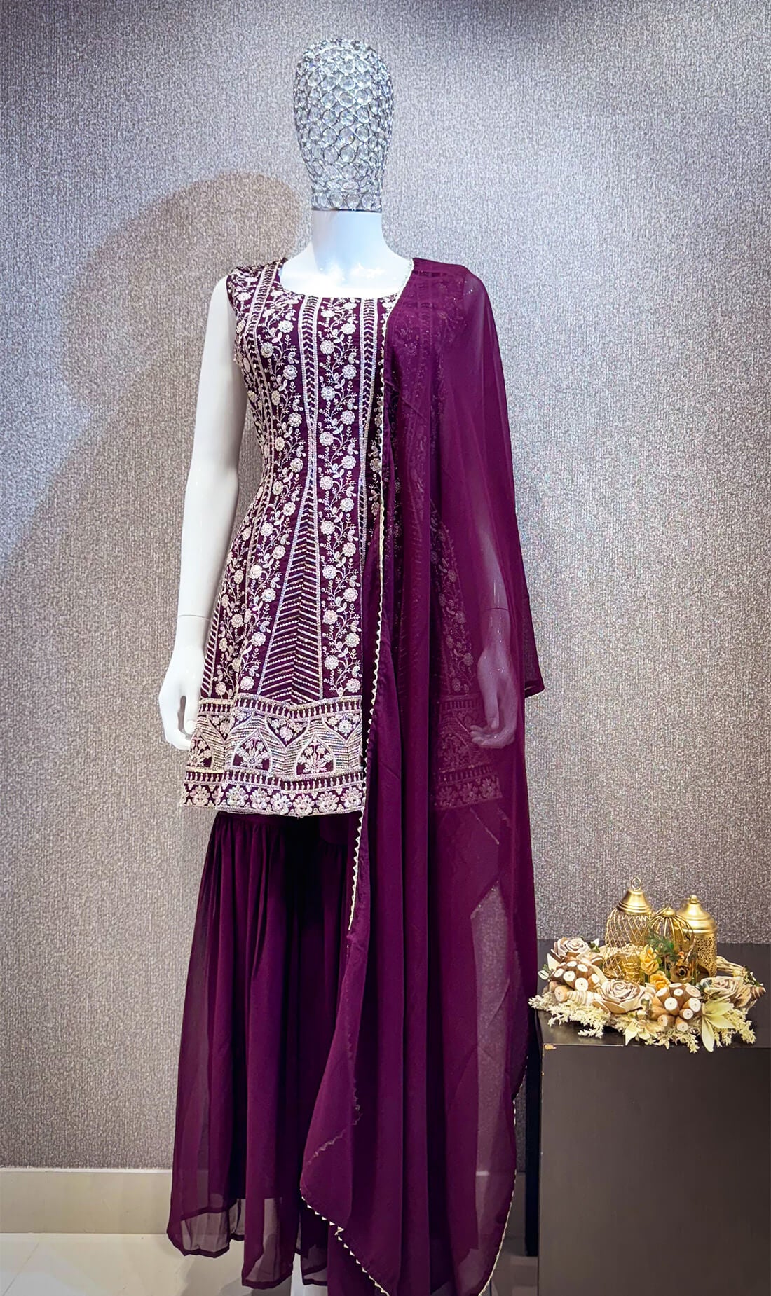 Gold Pitta Embroidery Work 3-peice - Wine Berry