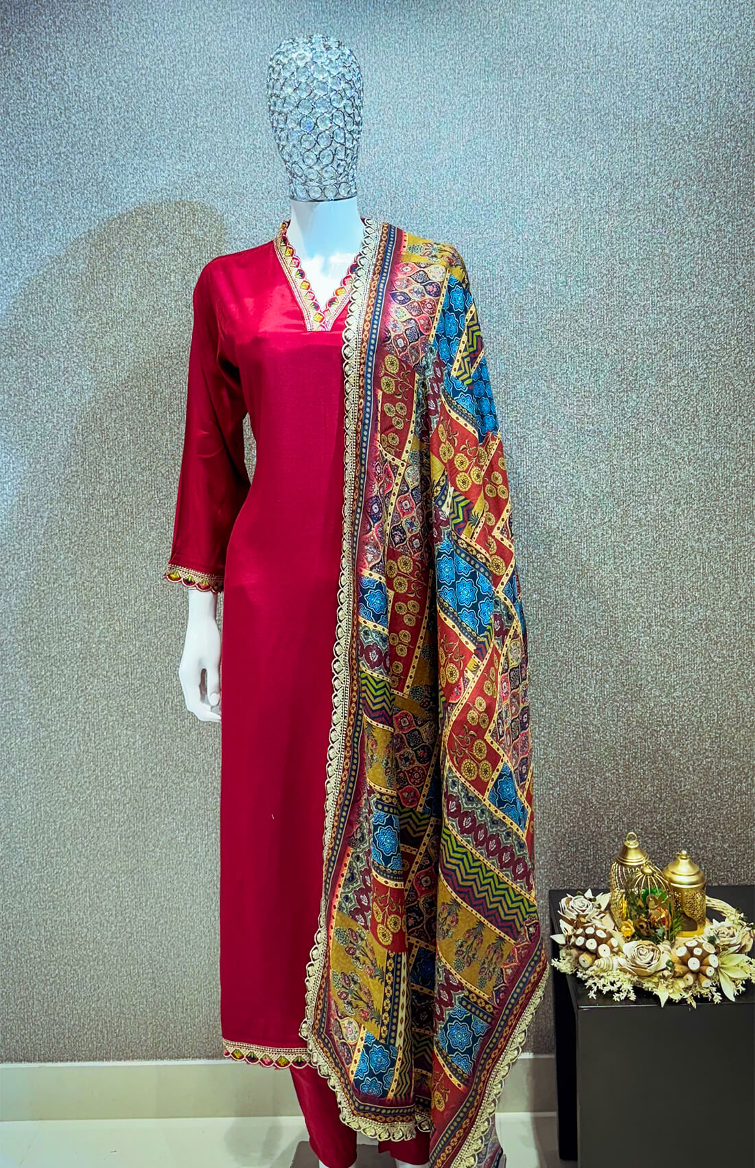 Hand Work 3piece - Maroonish Red