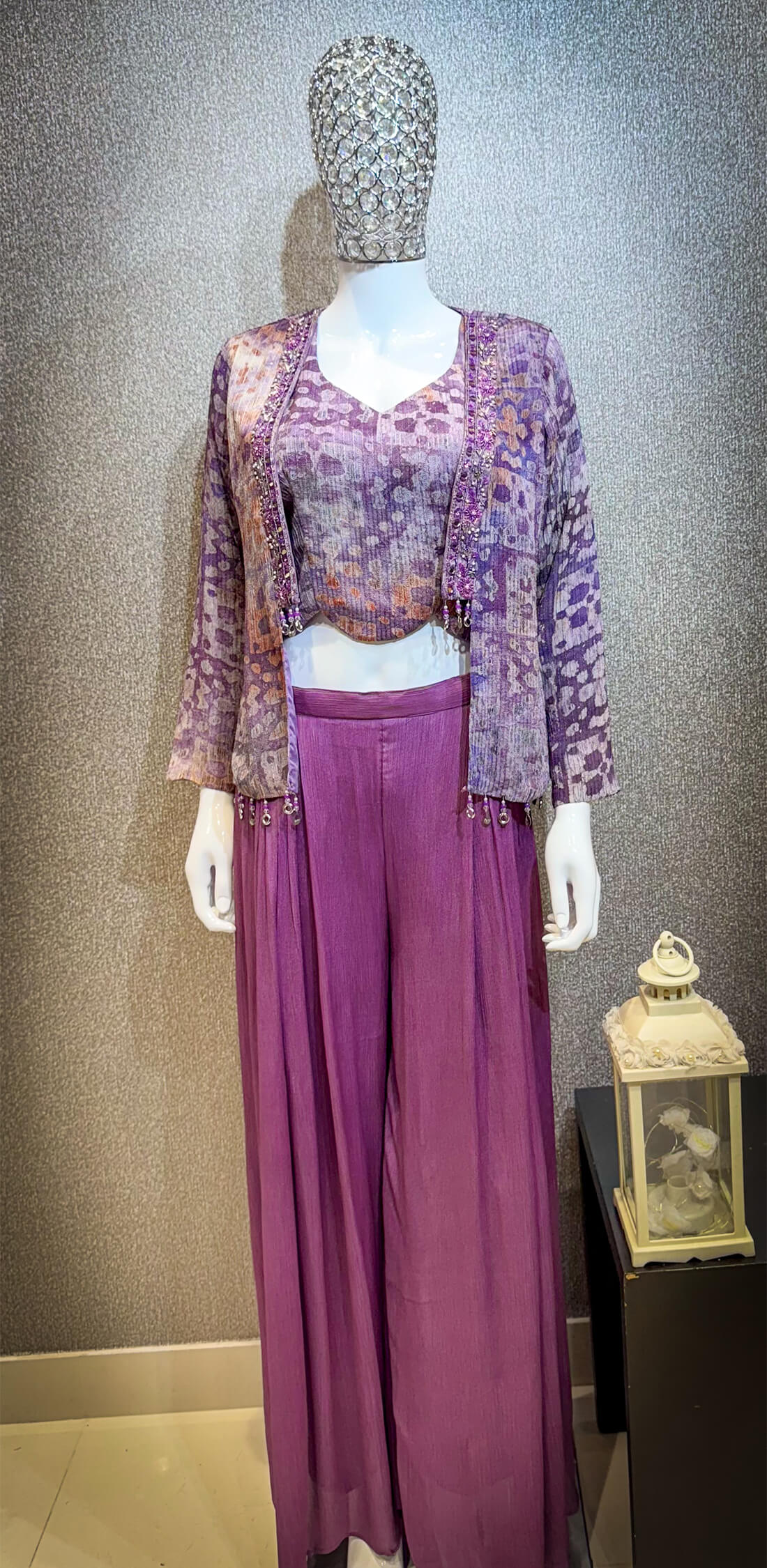 Jacket Style Embellished 3-peice Kalamkari Print - Grape