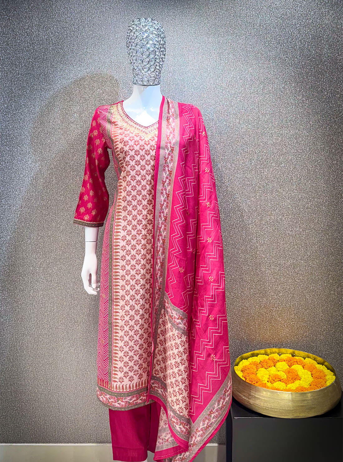 Printed  Suit 3 piece - Dark Hot Pink